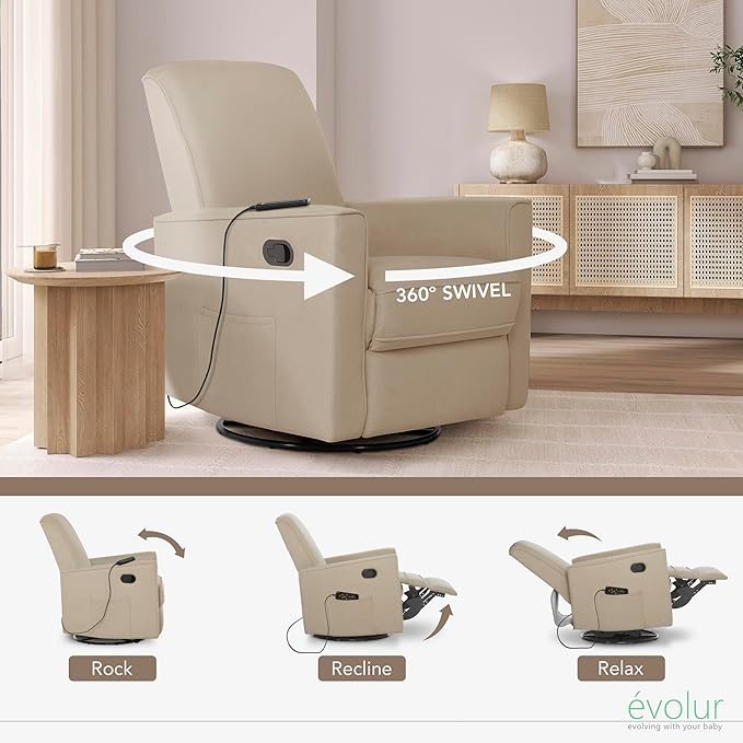 Evolur Raleigh Glider with Massager in Charcoal, Upholstered Plush Seating 360° Swivel Glider Rocking Chair, FSC Certified, Greenguard Gold & JPMA Certified Nursery Glider Recliner