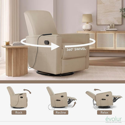Evolur Raleigh Glider with Massager in Charcoal, Upholstered Plush Seating 360° Swivel Glider Rocking Chair, FSC Certified, Greenguard Gold & JPMA Certified Nursery Glider Recliner