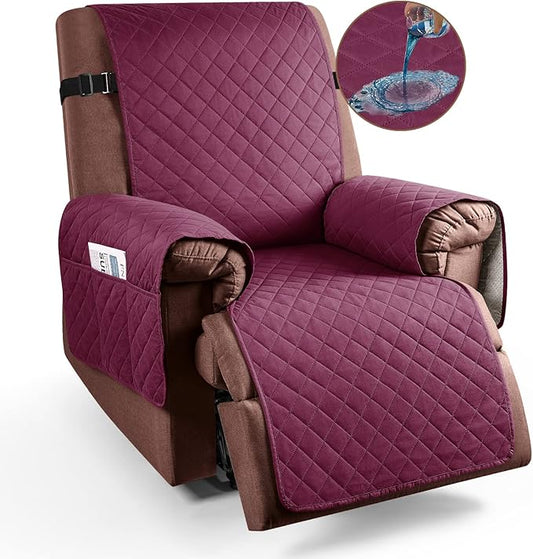 KinCam 100% Waterproof Recliner Chair Cover, Reclining Couch Covers for Pets, Dogs, Recliner Couch Slipcover Furniture Protector with Elastic Straps for Kids(28", Burgundy)