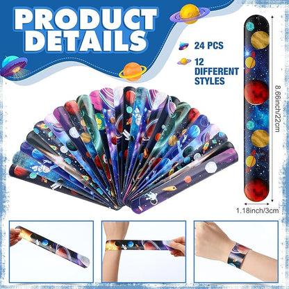 48 Pcs Outer Space Party Favors 24 Space Slap Bracelets 24 Silicone Wristbands Galaxy Astronaut Bracelets Bulk for Kids Classroom Rewards Stars Solar System Planet Birthday Party Supplies