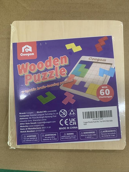Coogam Wooden Puzzle Pattern Blocks Brain Teasers Game with 60 Challenges, 3D Russian Building Toy Wood Tangram Shape Jigsaw Puzzles Montessori STEM Educational Toys Gift for Kids Adults