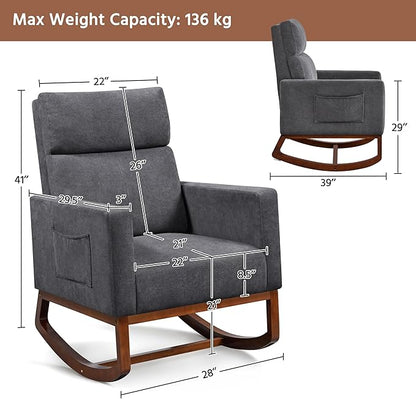 Yaheetech Rocking Chair, Upholstered Glider Chair with Side Pocket, Nursery Chair with High Backrest and Rubber Wood Legs, Rocking Accent Armchair for Living Room Bedroom Nursery, Gray