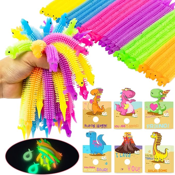 Valentines Day Cards for Kids- 24Pcs Dinosaur Valentines Cards with Glow in Dark Dinosaur Stretchy String Sensory Fidget Toys for Kids Valentines Party Favors Classroom Exchange Gifts School Supplies