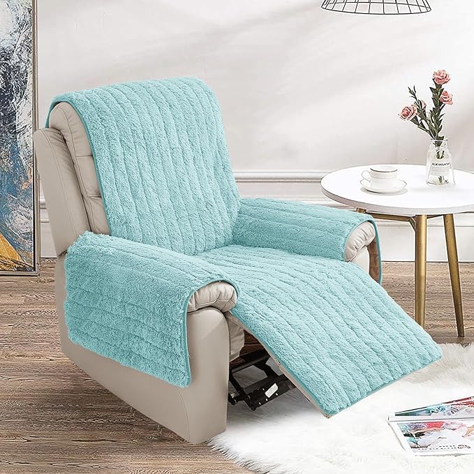RBSC Home Plush Recliner Slipcover 23 Inches Baby Blue Chair Covers Artificial Wool Lazy Boy Cover Quilted Cover for Recliner Chairs and Furniture Soft Warm