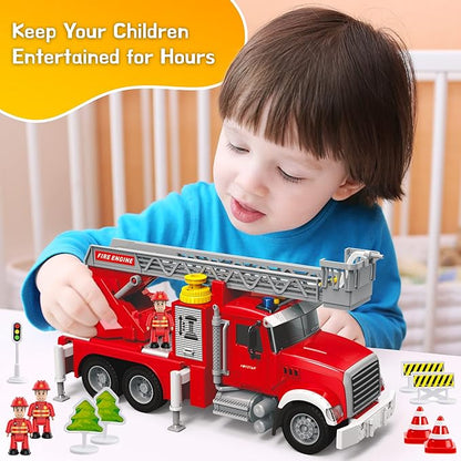 Fire Truck Toy Set for Kids - Fire Engine Truck with Water Spraying Hose, Rotating Ladder + 3 Fireman Firefighters 4-7, Girls 3 Years