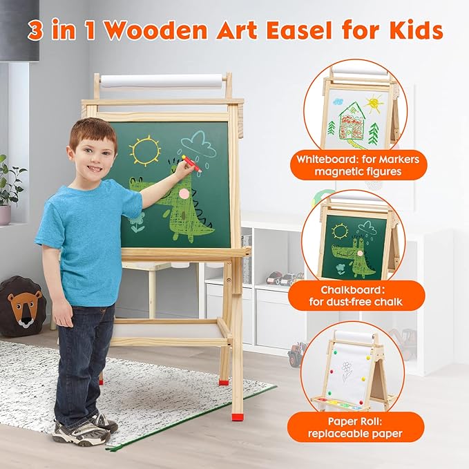 Wooden Easel for Kids 3 in 1 Kids Easel with Paper Roll Adjustable Height Art Easel Chalkboard & Whiteboard Drawing Easel for Kids Toddlers.
