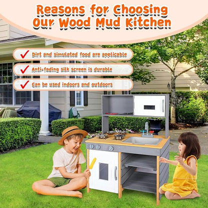 Wooden Mud Kitchen, Outdoor Play Kitchen with Removable Sink,Water Box & Faucet,Stove Top, Storage Bags& Metal Basket,Kitchen Backyard Outdoor Pretend Kitchen for Kids