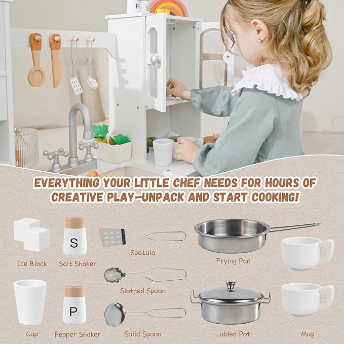 Wooden Play Kitchen for Kids with Realistic Lights and Sounds, Large Toddlers Interactive Kitchen Playset with Ice Maker, Stove, Sink, Oven, and 12 Accessories, Pretend Play Kitchen Set for Ages 3-8
