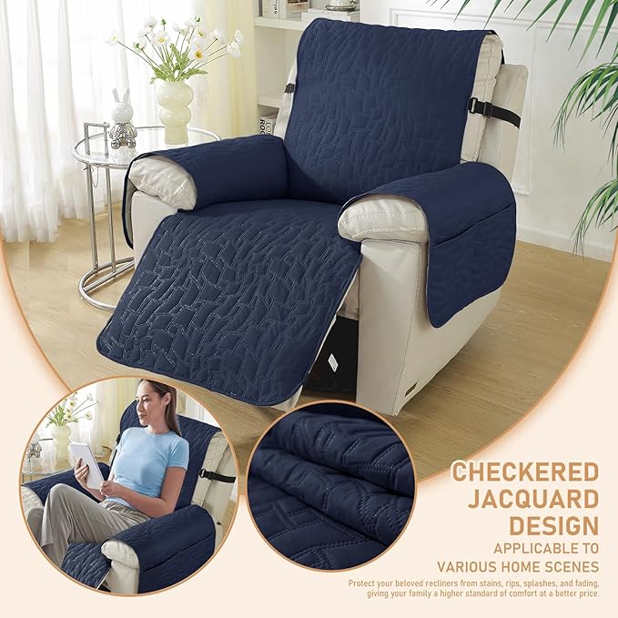 Recliner Covers That Stay in Place, 100% Waterproof Non-Slip Recliner Chair Covers with Pocket, Elastic Straps, Washable Reclining Chair Protector for Kids, Pets, Dog, Cat,Dark Blue,23IN