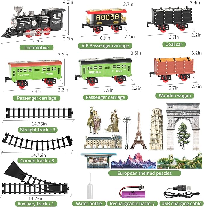 TEMI Large Train Set - Kids Electric Train Toy with 3 Way Smoke Locomotive, Light and Sounds
