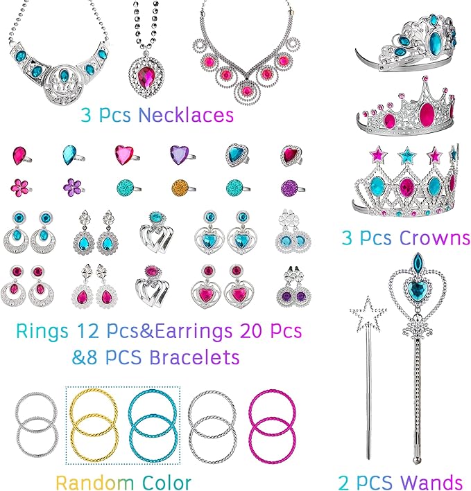 WATINC 51Pcs Princess Jewelry Toy Pretend Play Set Ballet Tutu Skirts of Stars Snowflake for Little Girls Crowns Necklaces Adjustable Jewel Rings Earrings Bracelets Wands Dress Up Accessories for Kids