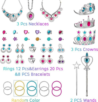 WATINC 51Pcs Princess Jewelry Toy Pretend Play Set Ballet Tutu Skirts of Stars Snowflake for Little Girls Crowns Necklaces Adjustable Jewel Rings Earrings Bracelets Wands Dress Up Accessories for Kids