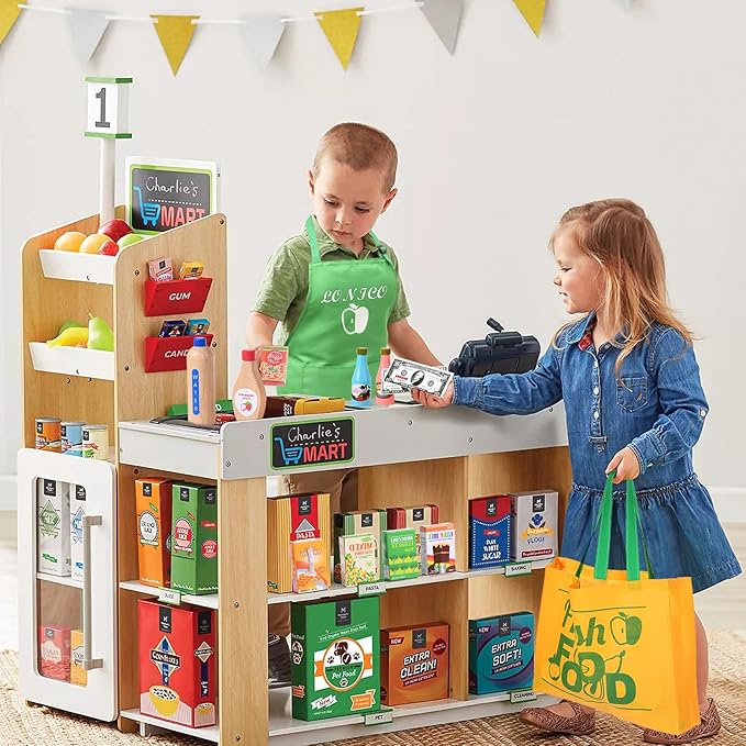 Wooden Play Food Toys for Kids, Market Grocery Store Toys with Snack & Shopping Bag & Apron for Toddlers, Pretend Play Kitchen Accessories Christmas Birthday Gift for Girls Boys 3 4 5 6