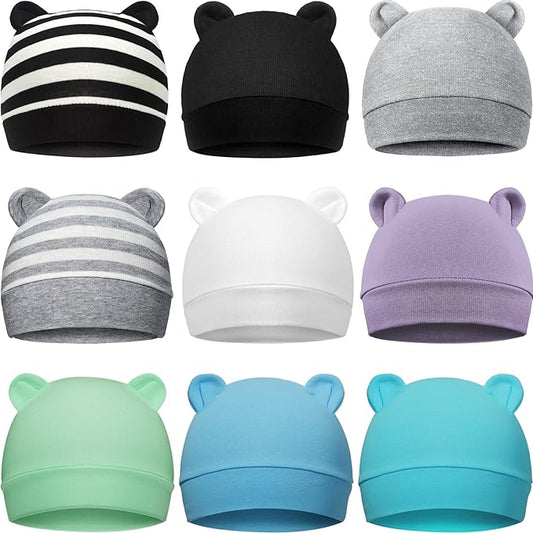Geyoga 9 Pieces Newborn Baby Hat Bear Ears Infant Caps 2 Ears