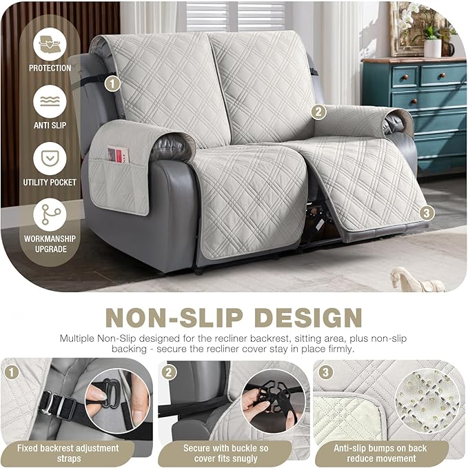 TAOCOCO 100% Waterproof Oversized Loveseat Recliner Cover, Non Slip Split Loveseat Covers for Reclining Loveseat with Elastic Straps for Kids Pets(Oversized 2 Seater, Off White)