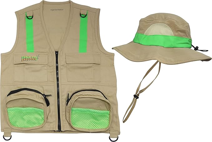 Youth M/L Combination Set Boys and Girls: 1 Tan Cargo Vest for Kids with Reflective Safety Straps & Sun Hat with Chin Strap. Color: Youth M/L Tan