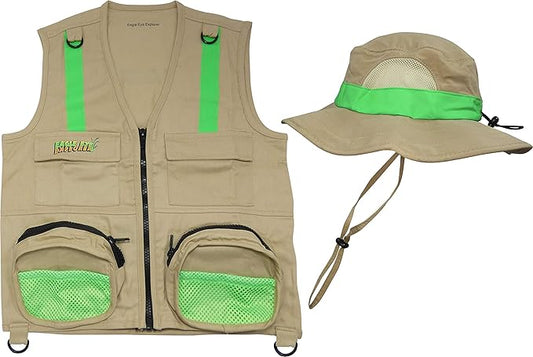 Youth M/L Combination Set Boys and Girls: 1 Tan Cargo Vest for Kids with Reflective Safety Straps & Sun Hat with Chin Strap. Color: Youth M/L Tan