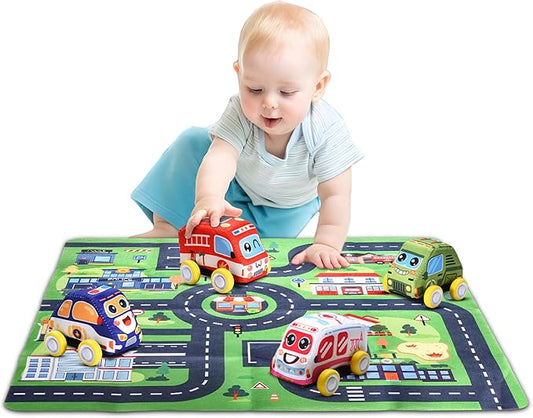 Childlike Behavior Cloth Pullback Cars for Toddlers - 4-Piece Soft Cloth Cars with 1 Street Rug Set (27.5'' x 27.5'')