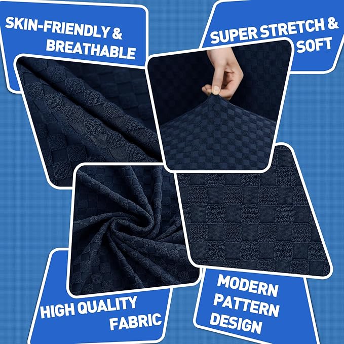 MAXIJIN 3 Piece Jacquard Couch Covers for 2 Cushion Couch Stretch Non Slip Love Seat Couch Cover for Dogs Pet Friendly Elastic Furniture Protector Loveseat Slipcovers (Loveseat, Navy Blue)