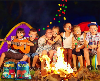 Zhanmai 140 Pcs Camping Party Favors Include Silicone Bracelets, Stickers, Camping Keychain, Badge, Camouflage Pencils, Spiral Camp Adventure Theme Notepads Drawstring Bags Mini Flashlight for Kids