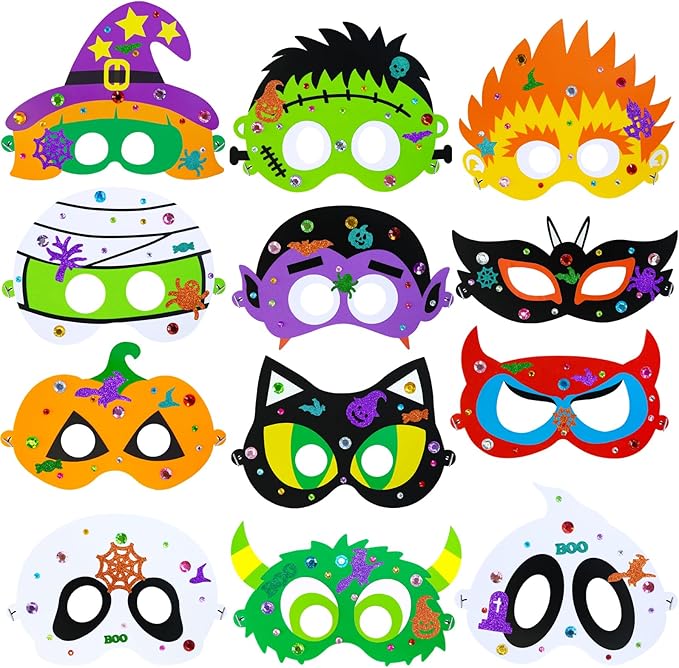 Winlyn 24 Sets Halloween Masks Craft Kits Halloween Face Masks DIY Foam Halloween Party Mask Art Sets Halloween Ghost Monster Mummy Face Stickers for Kids Classroom Activities Halloween Party Treats