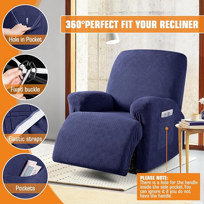 VANSOFY Recliner Chair Cover, 3-Pieces Stretch Lazy Boy Recliner Covers for Recliner Chair Soft Reclining Chair Slipcover Furniture Protector for Dogs Cats(Navy Blue)
