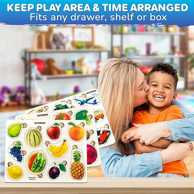 QUOKKA Wooden Puzzles for Toddlers 1-3 – 3xSET Toddler Puzzles Ages 2-4 – Montessori Cars Toy Puzzles for Toddlers 3-5 – Wood Toy Learning Realistic Fruits, Cars and Vegetables for Boy and Girl