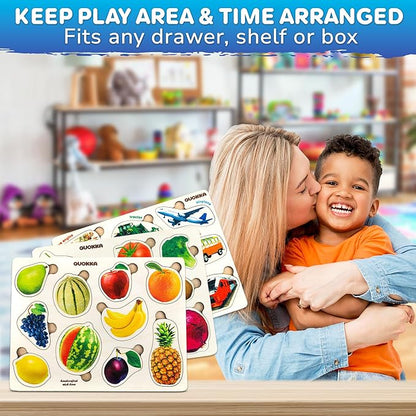 QUOKKA Wooden Puzzles for Toddlers 1-3 – 3xSET Toddler Puzzles Ages 2-4 – Montessori Cars Toy Puzzles for Toddlers 3-5 – Wood Toy Learning Realistic Fruits, Cars and Vegetables for Boy and Girl