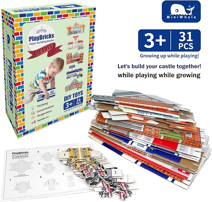 Cardboard Building Blocks, 31 Pack Cardboard Blocks for Kids Jumbo with 5 Building Designs, Thick Cardboard Pretend Brick Blocks for Building and Stacking Game