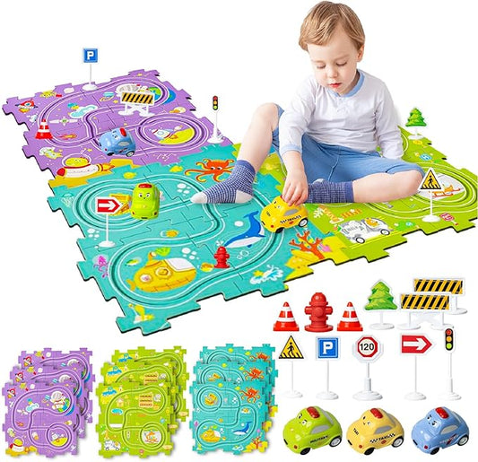 Marlo & Buzz Puzzle Racer Kids Car Track Play Set, Themed Educational Puzzles Racers Tracks with Electric Vehicles for 3+ Childrens (3 Theme (Ocean 36, pcs)