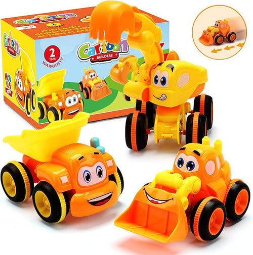 Toys for a 2 Year Old Boy - 3 Friction Powered Trucks for 2+ Year Old Boys, Push & Go Cars Cartoon Construction Vehicle Set