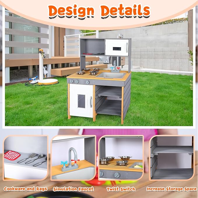 Wooden Mud Kitchen, Outdoor Play Kitchen with Removable Sink,Water Box & Faucet,Stove Top, Storage Bags& Metal Basket,Kitchen Backyard Outdoor Pretend Kitchen for Kids