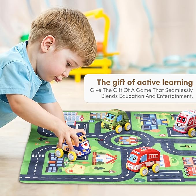 Childlike Behavior Cloth Pullback Cars for Toddlers - 4-Piece Soft Cloth Cars with 1 Street Rug Set (27.5'' x 27.5'')