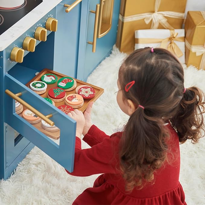 Teamson Kids Cuttable Christmas Cookie Play Wooden Food Set with Sliceable Cookies, Decorations, and Cookie Sheet - for 3 yrs. and up - Multi