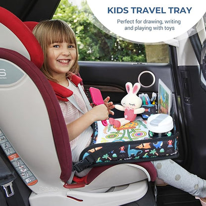 COOLBEBE Kids Travel Tray for Toddler Car Seat, 2PCS Travel Tray for Airplane, Toddler Car Seat Lap Tray, Carseat Table Tray for Kids Travel Activities(Dinosaur & Pink Unicorn)