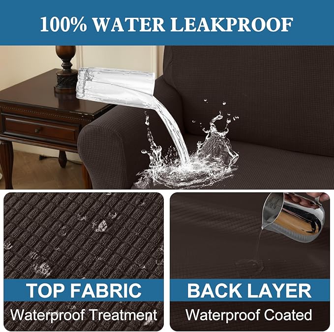 100% Waterproof Jacquard Fabric Couch Cover, Dual Layer with TPU Film, Leakproof High Elasticity Non-Slip Washable Furniture Protector for Pets, Dogs, Cats and Kids (Loveseat,Coffee)