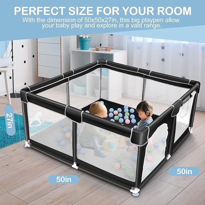 Tmsene Baby Playpen, Play Pens for Babies and Toddlers, Indoor & Outdoor Playard for Kids Activity Center, Sturdy Safety Baby Fence with Breathable Mesh, Black