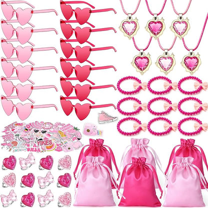 Winrayk Pink Party Favors Princess Birthday Supplies for Girls, Heart Sunglasses Gift Bags Necklace Bracelet Ring Sticker, Kids Goodie Bag Stuffers Makeup Hot Pink Birthday Party Favors Supplies Decor