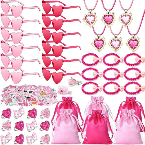 Winrayk Pink Party Favors Princess Birthday Supplies for Girls, Heart Sunglasses Gift Bags Necklace Bracelet Ring Sticker, Kids Goodie Bag Stuffers Makeup Hot Pink Birthday Party Favors Supplies Decor