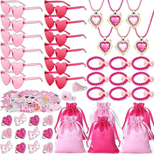 Winrayk Pink Party Favors Princess Birthday Supplies for Girls, Heart Sunglasses Gift Bags Necklace Bracelet Ring Sticker, Kids Goodie Bag Stuffers Makeup Hot Pink Birthday Party Favors Supplies Decor