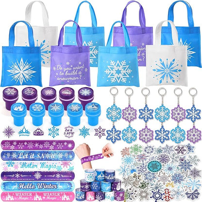 Winrayk 98Pcs Frozen Party Favors Birthday Supplies, Non Woven Tote Bag Snowflake Keychain Sticker Bracelet, Pinata Filler Goody Bag Stuffer Kids Classroom Prize Girls Elsa Frozen Party Supplies Decor