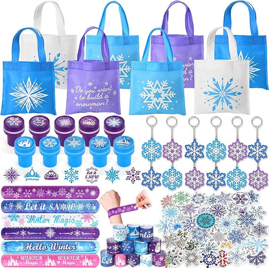 Winrayk 98Pcs Frozen Party Favors Birthday Supplies, Non Woven Tote Bag Snowflake Keychain Sticker Bracelet, Pinata Filler Goody Bag Stuffer Kids Classroom Prize Girls Elsa Frozen Party Supplies Decor