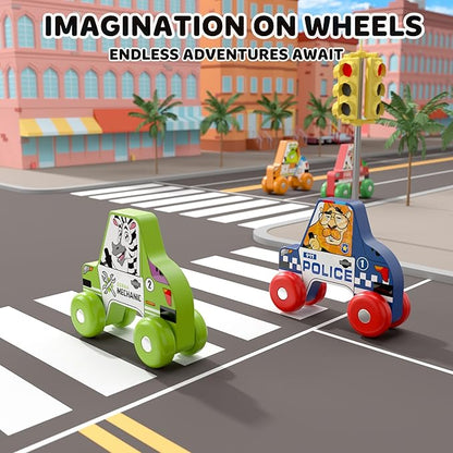 BEKILOLE 4 Wooden Race Cars Montessori Learning Toys for 6-12-18 Months Birthday Gift Travel Toy for 1 2 Year Old Boy Girl Infant Toddlers 8 9 10 Months Old with Tracing Flash Cards