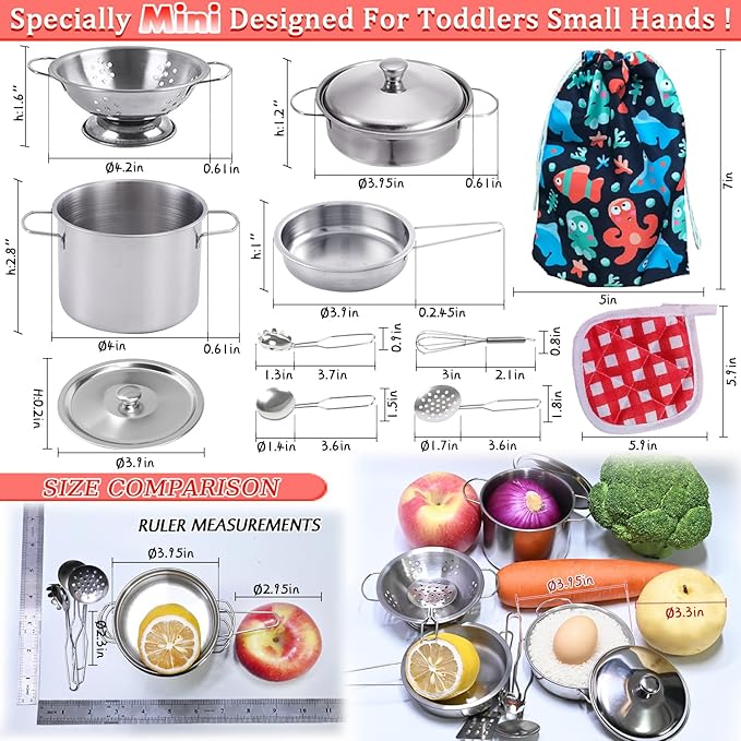 Tiny Cookware Utensils Pretend Play Kitchen Toys Stainless Steel Cooking Set Toys Montessori Kitchen Playset Kids Pots and Pans Playset,Play Kitchen Cooking Toys Kitchen Accessories for Kids Toddlers