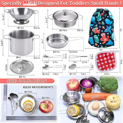 Tiny Cookware Utensils Pretend Play Kitchen Toys Stainless Steel Cooking Set Toys Montessori Kitchen Playset Kids Pots and Pans Playset,Play Kitchen Cooking Toys Kitchen Accessories for Kids Toddlers