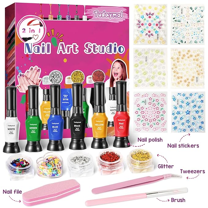Tudaymol Nail Polish Set - Non Toxic Nail Polish Kit for Kids Ages 7-12,Gift Set Nail Polish Kit for Girls,Nail Art Tools for Girls - Polish, Glitter, Stickers - 6 7 8 9 10 11 12 Year Old