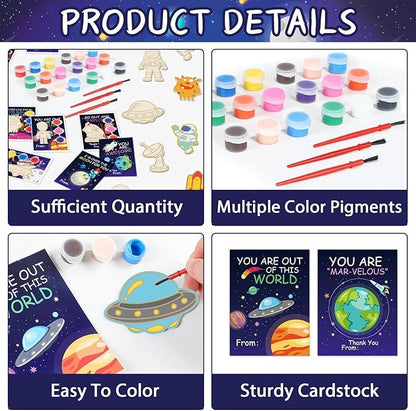 36Pcs Space Party Favors Space Cards with Art Supplies Outer Space DIY Wood Painting Craft Kits Astronaut Thank You for Coming Gifts for Kids Boys Girls Solar System Birthday Gift Bulk (Pre-Assembled)