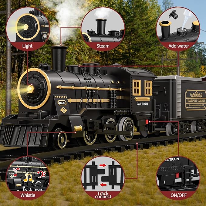 TEMI Train Set for Kids 3-12 Years, Electric Classical Steam Engine Locomotive with Steam