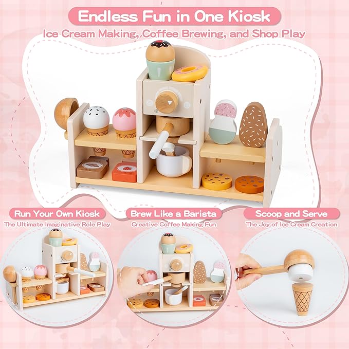 Wooden Ice Cream and Coffee Play Set for Kids, Pretend Play Toy Ice Cream Shop & Coffee Maker for Toddlers Ages 3-5, for Boys & Girls