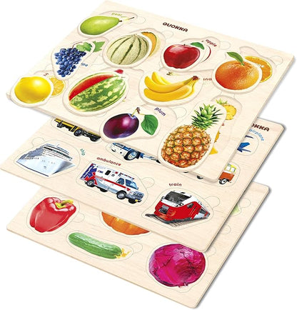 QUOKKA Wooden Puzzles for Toddlers 1-3 – 3xSET Toddler Puzzles Ages 2-4 – Montessori Cars Toy Puzzles for Toddlers 3-5 – Wood Toy Learning Realistic Fruits, Cars and Vegetables for Boy and Girl